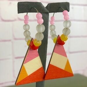Handmade Orange & Pink Wooden & Bead Hoop Earrings